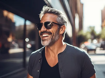 Homme souriant aux cheveux gris et barbe, lunettes de soleil, extérieur urbain ensoleillé à Montrouge dans les Hauts-de-Seine 92